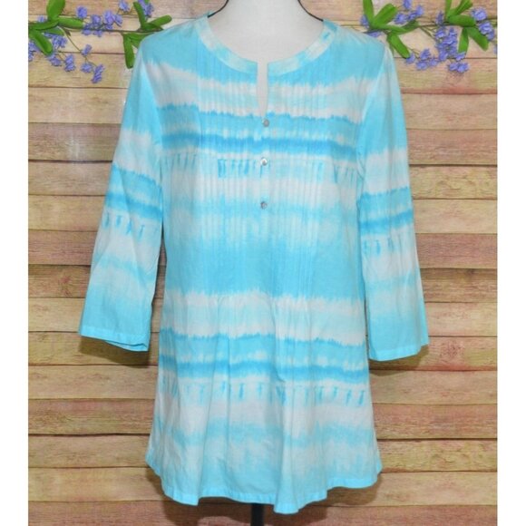 J. Jill Ladies Pintuck 3/4 Roll Tab Sleeve V-Neck Blouse Top Size M Blue & White - Picture 8 of 13